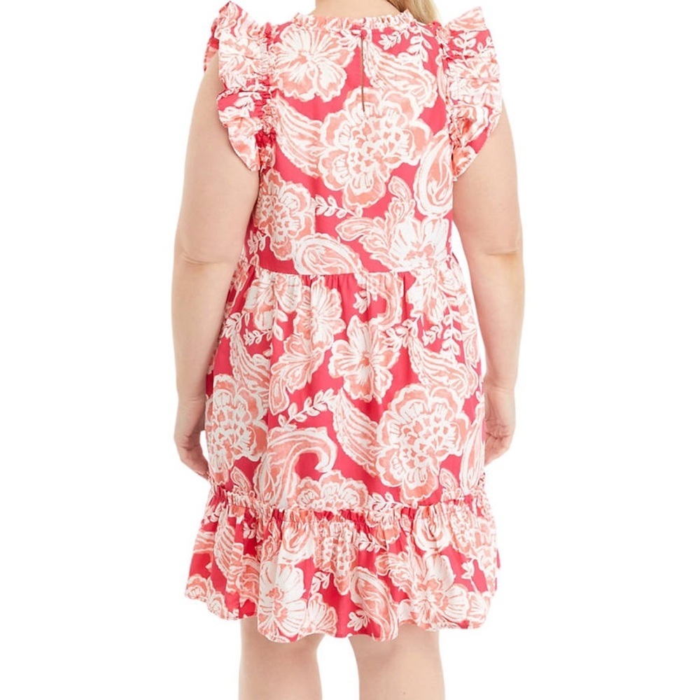 Crown & Ivy Coral and White Paisley Floral Flutter Sleeve Mini 1X Dress - Picture 2 of 8